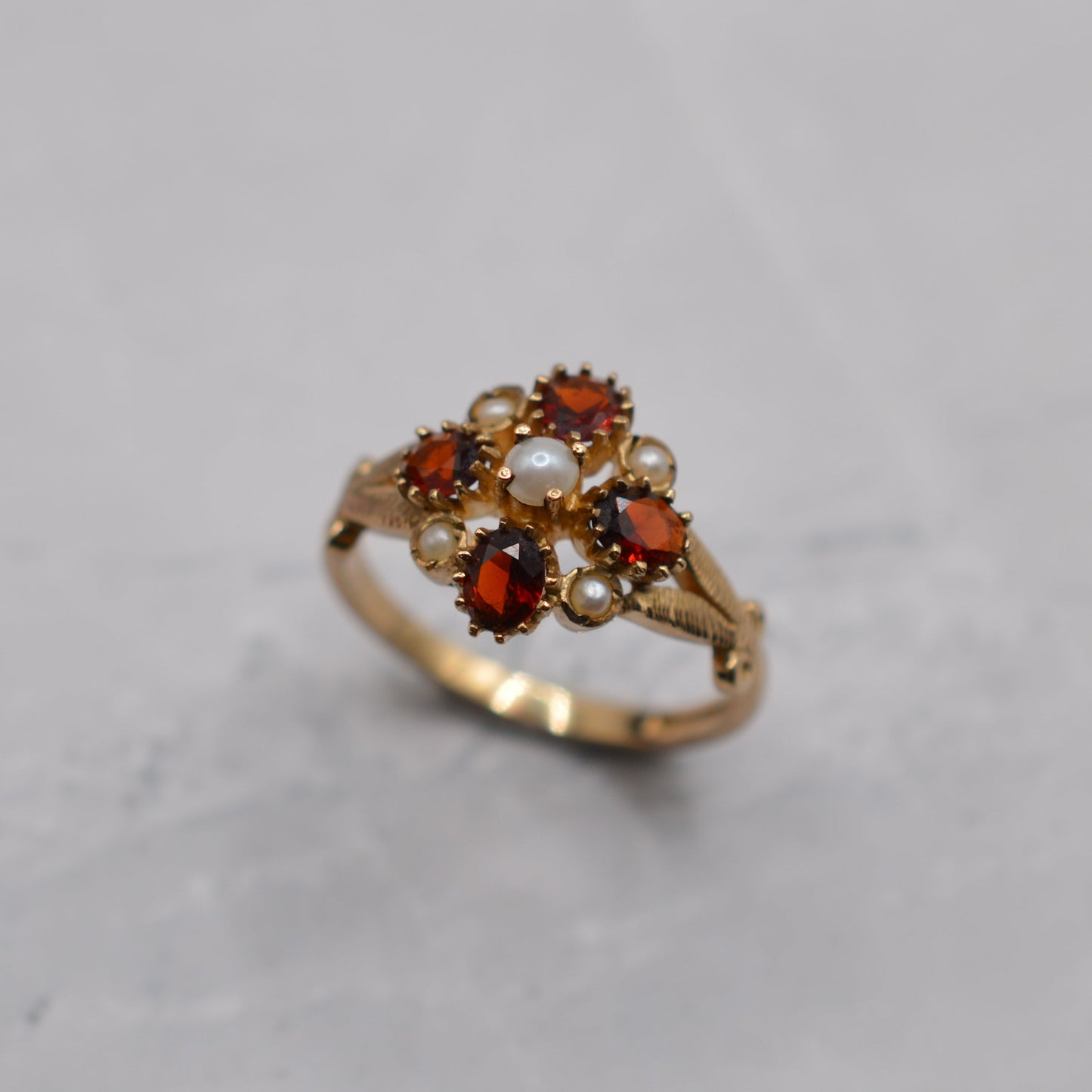 1990s 9ct Gold Garnet & Pearl Cluster Ring