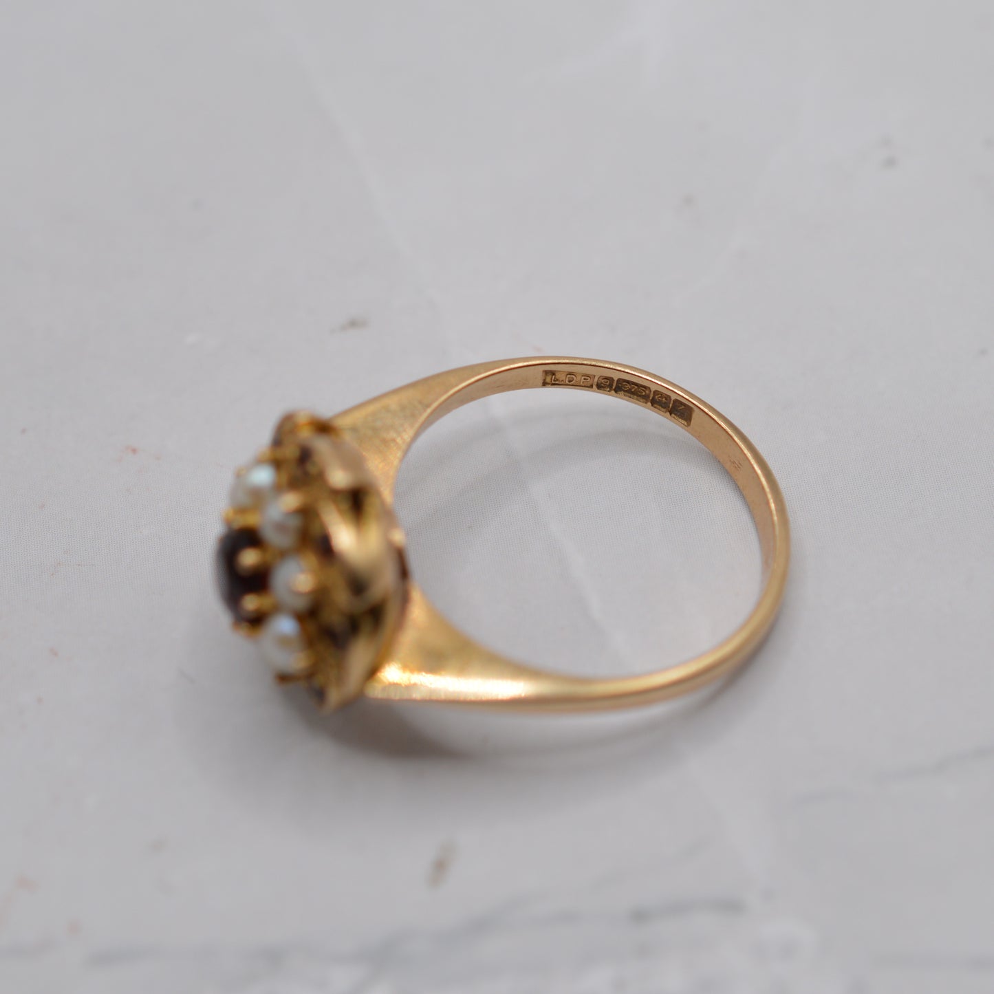 1970s Vintage 9ct Gold Garnet & Pearl Floral Cluster Ring