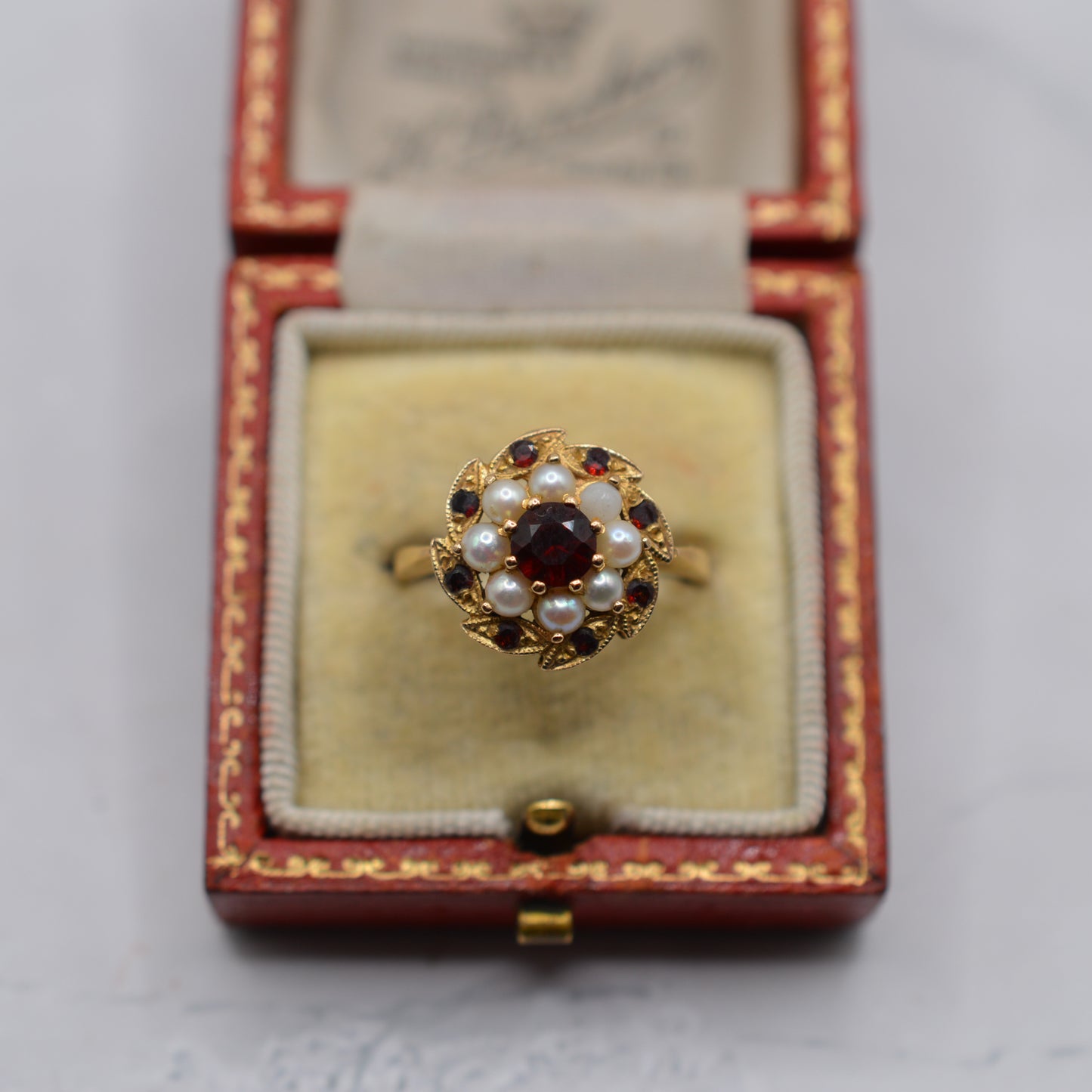 1970s Vintage 9ct Gold Garnet & Pearl Floral Cluster Ring