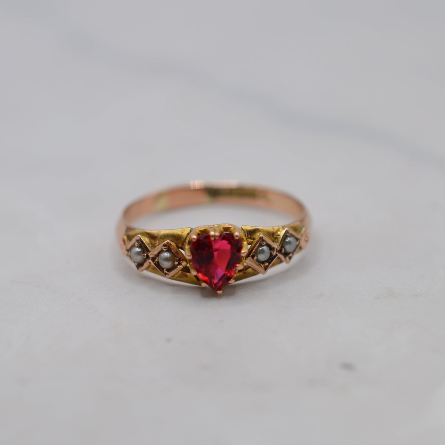 Antique 1906 Edwardian 9ct Gold Pearl & Paste Sweetheart Ring