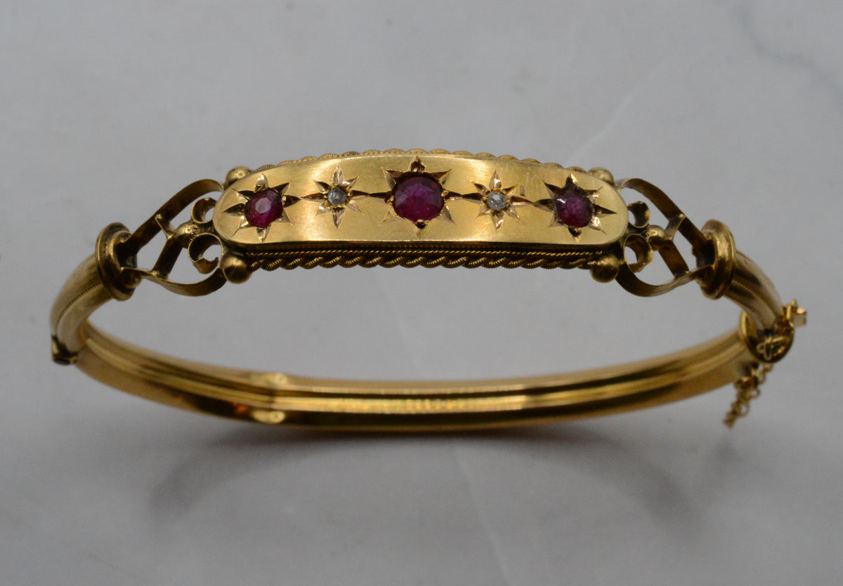 Antique Victorian 9ct Gold Ruby & Diamond Bangle Bracelet