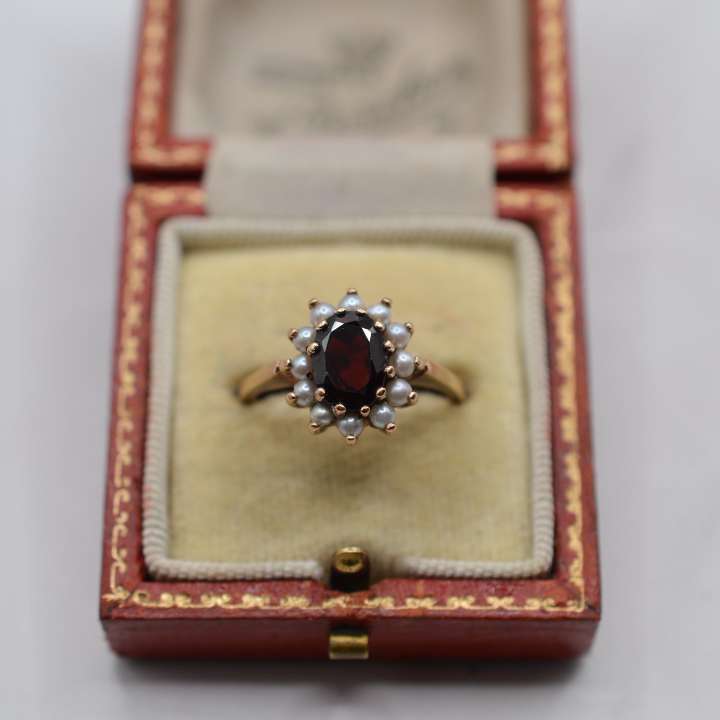 1960s Vintage 9ct Gold Garnet & Pearl Cluster Ring