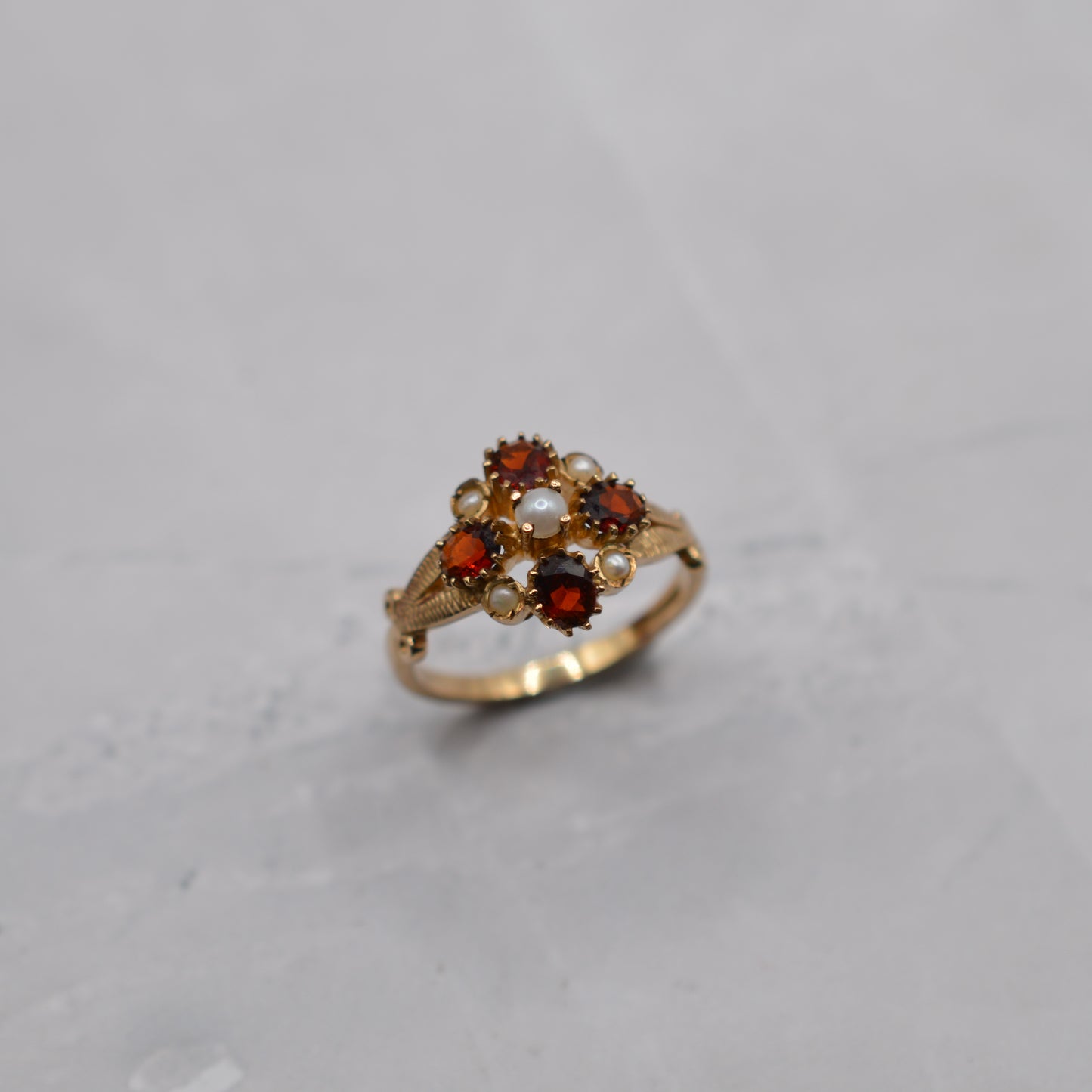 1990s 9ct Gold Garnet & Pearl Cluster Ring