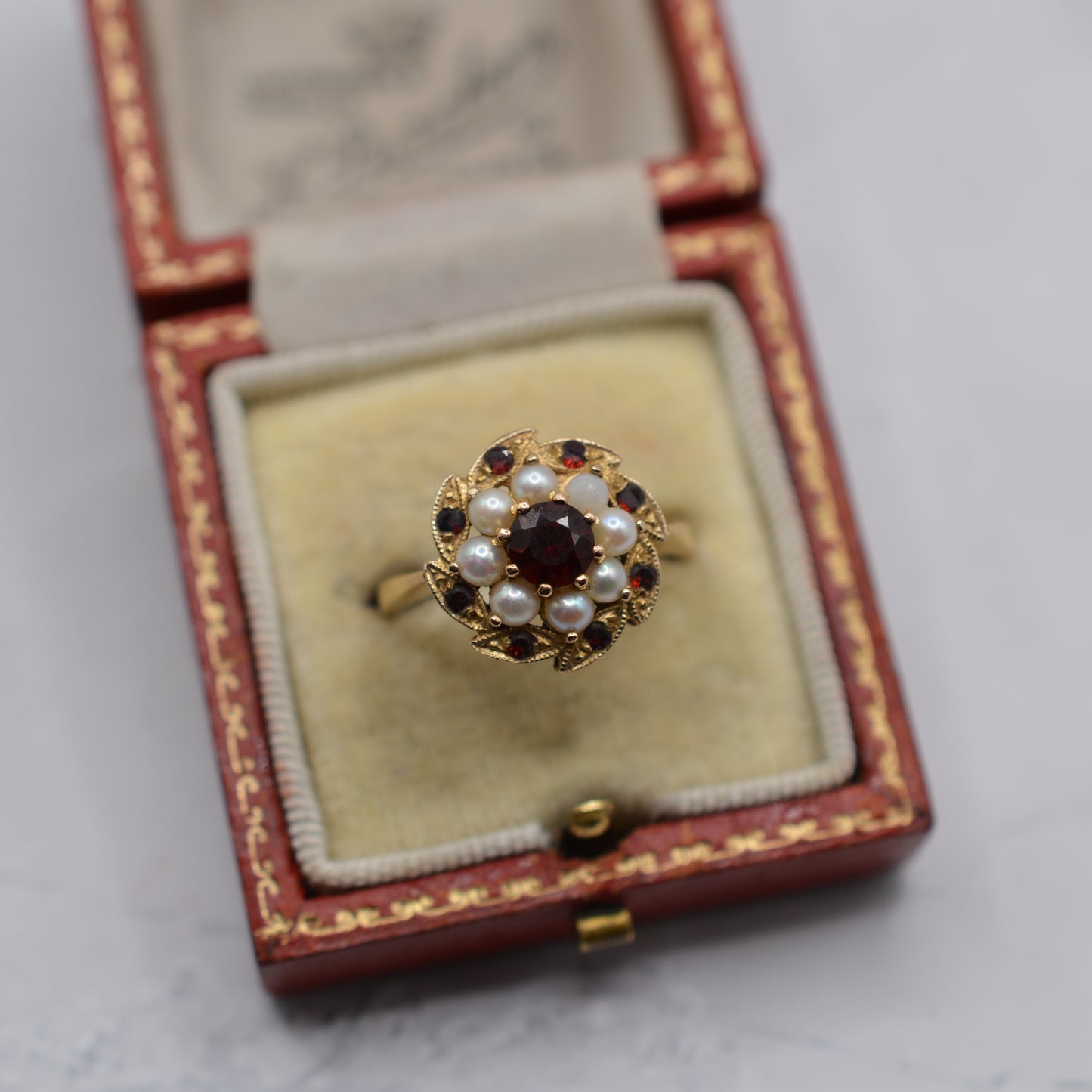 1970s Vintage 9ct Gold Garnet & Pearl Floral Cluster Ring
