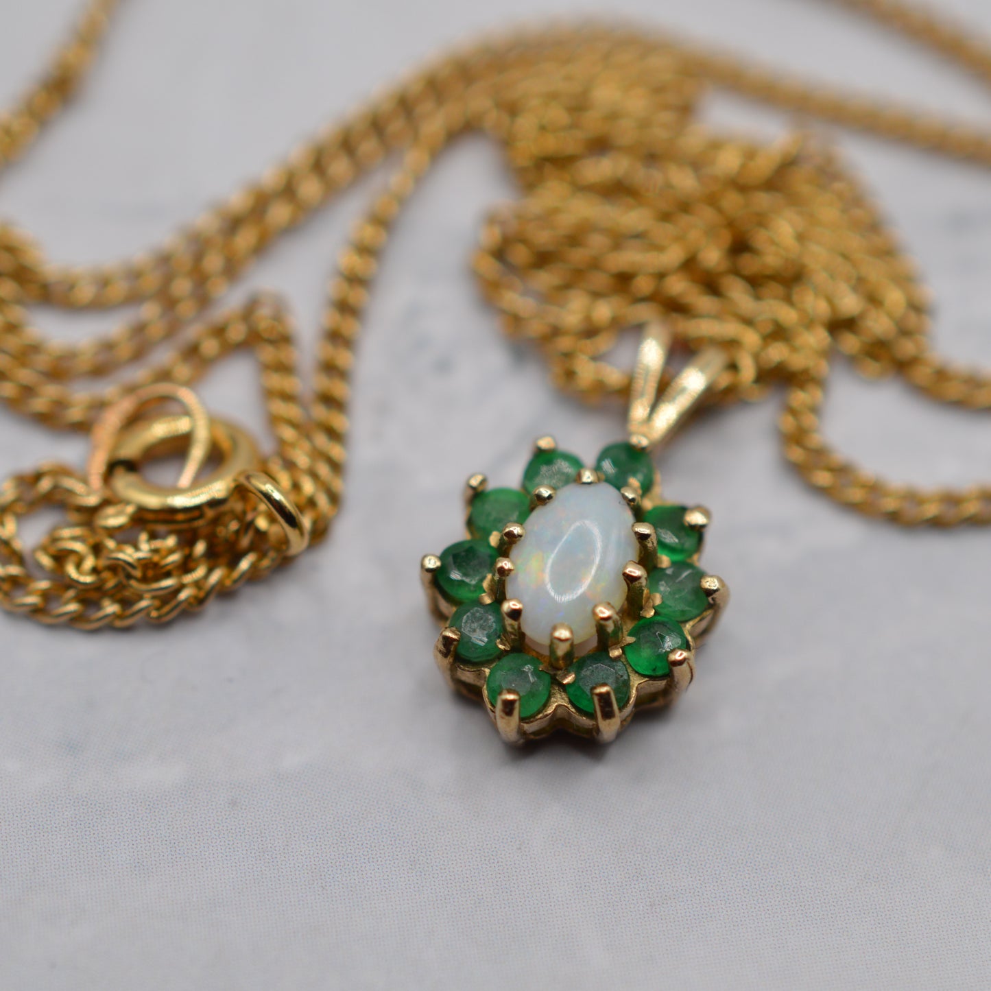 9ct Gold Opal & Emerald Cluster Pendant Necklace (17”)