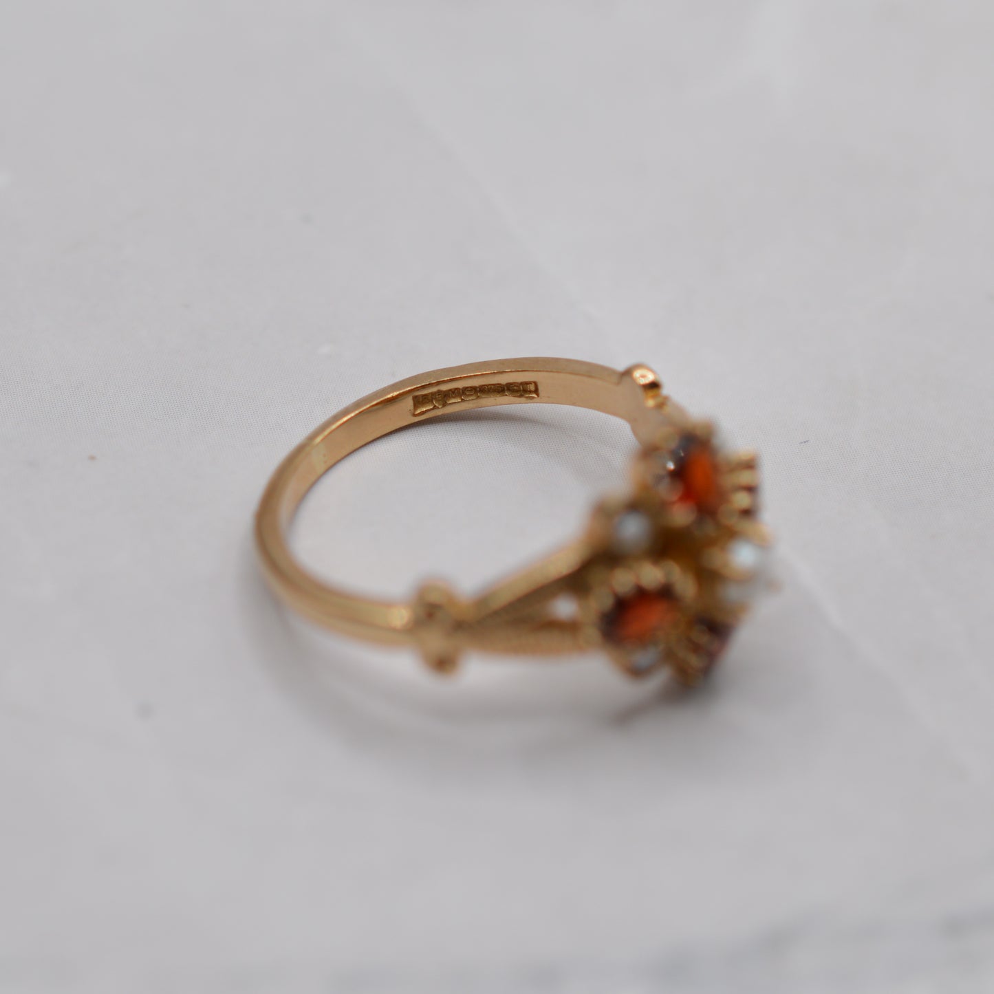 1990s 9ct Gold Garnet & Pearl Cluster Ring
