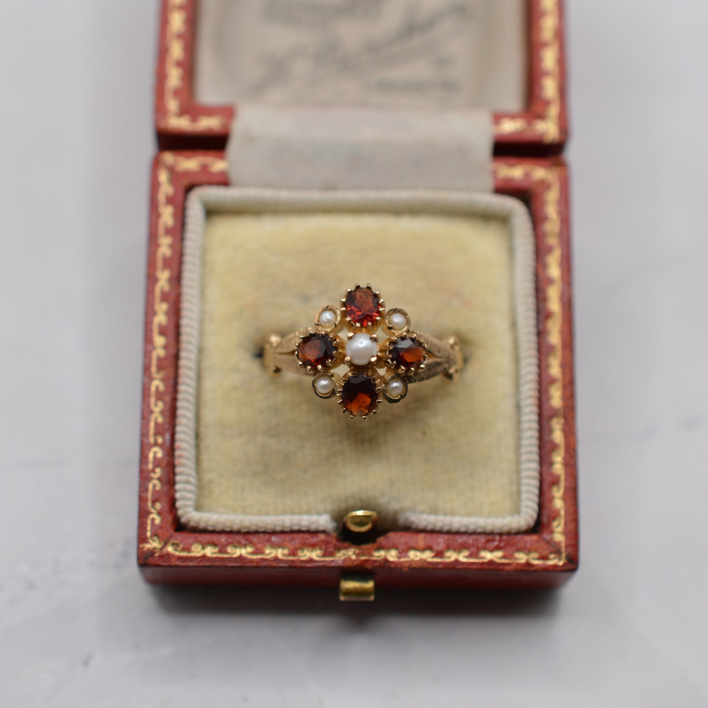1990s 9ct Gold Garnet & Pearl Cluster Ring