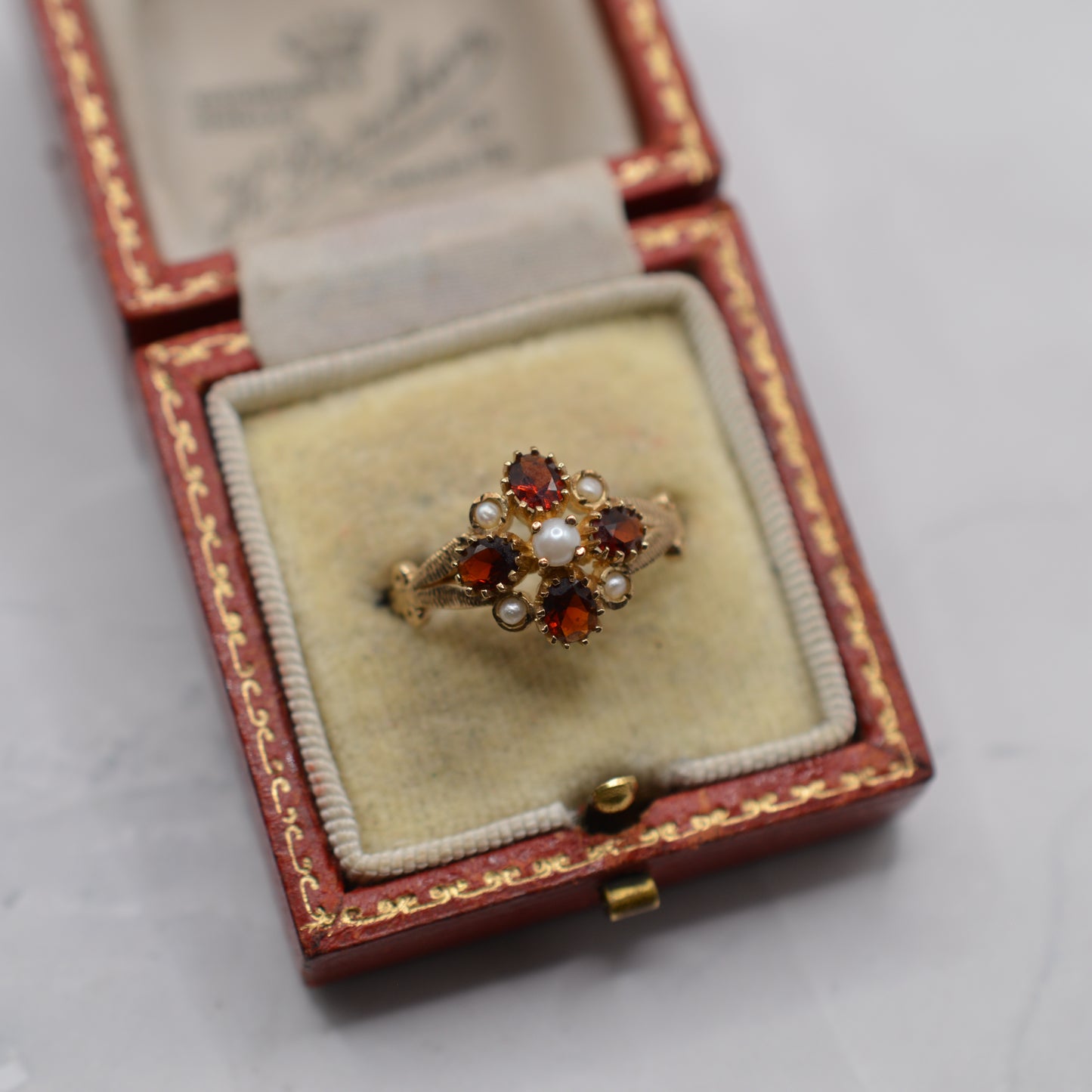 1990s 9ct Gold Garnet & Pearl Cluster Ring