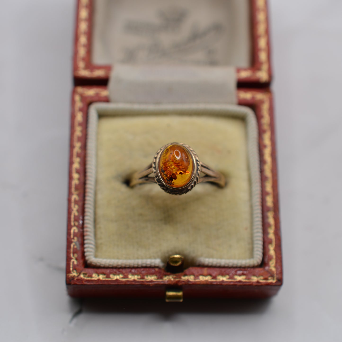 9ct Gold Amber Solitaire Ring with Rope-Twist Border