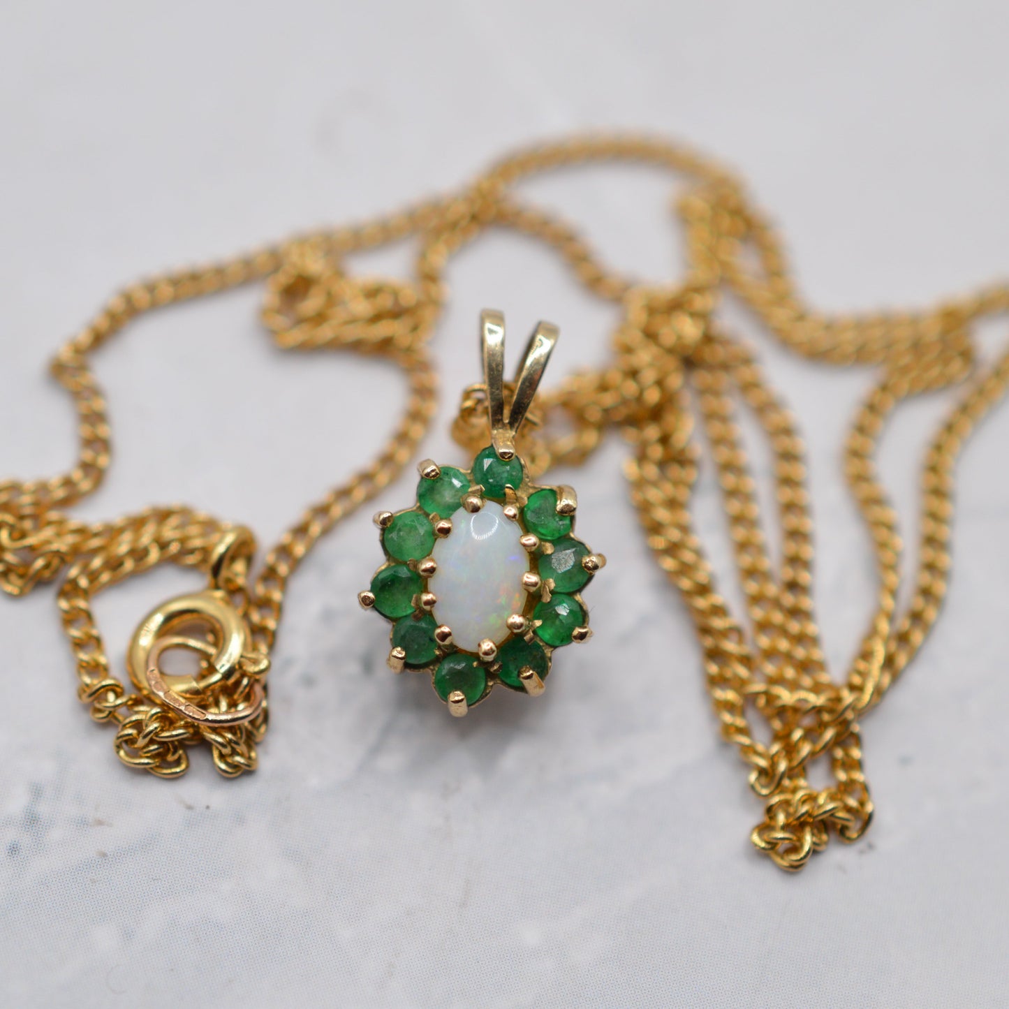 9ct Gold Opal & Emerald Cluster Pendant Necklace (17”)