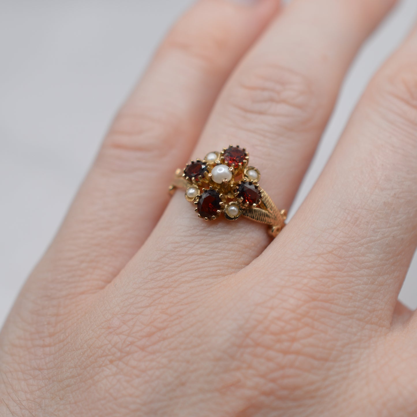 1990s 9ct Gold Garnet & Pearl Cluster Ring