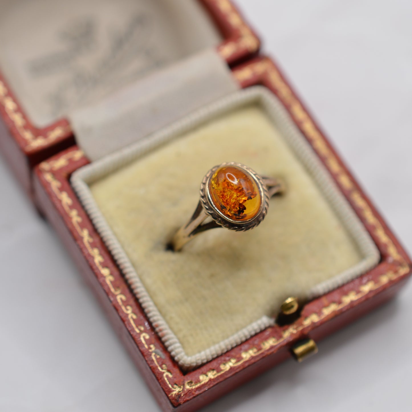 9ct Gold Amber Solitaire Ring with Rope-Twist Border