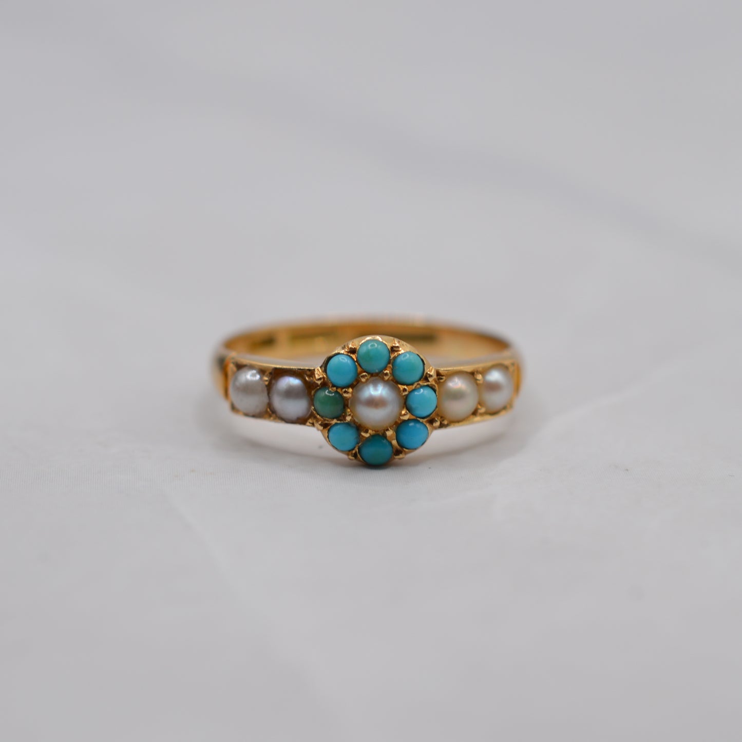 Antique Edwardian 18ct Gold Turquoise & Pearl Cluster Ring