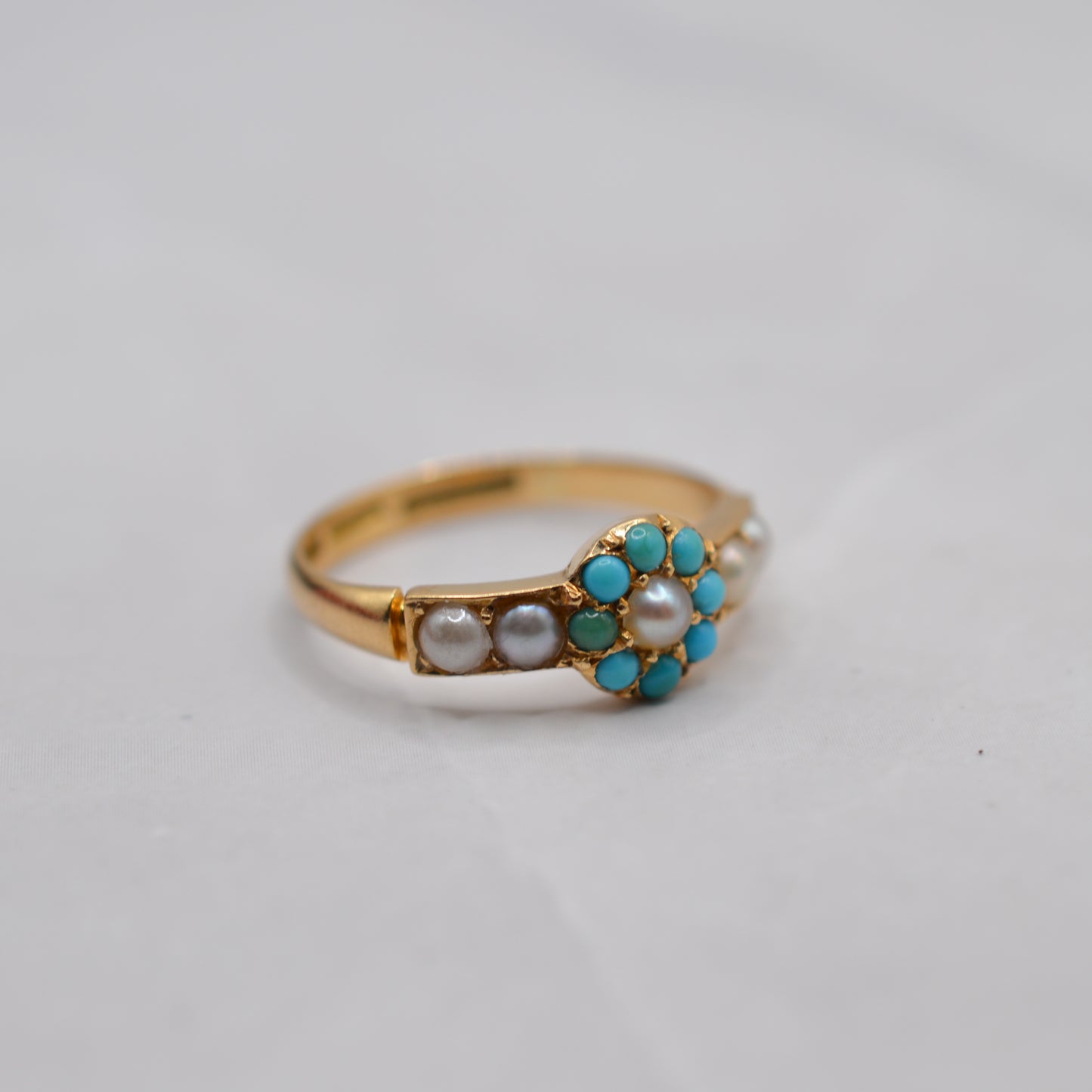 Antique Edwardian 18ct Gold Turquoise & Pearl Cluster Ring