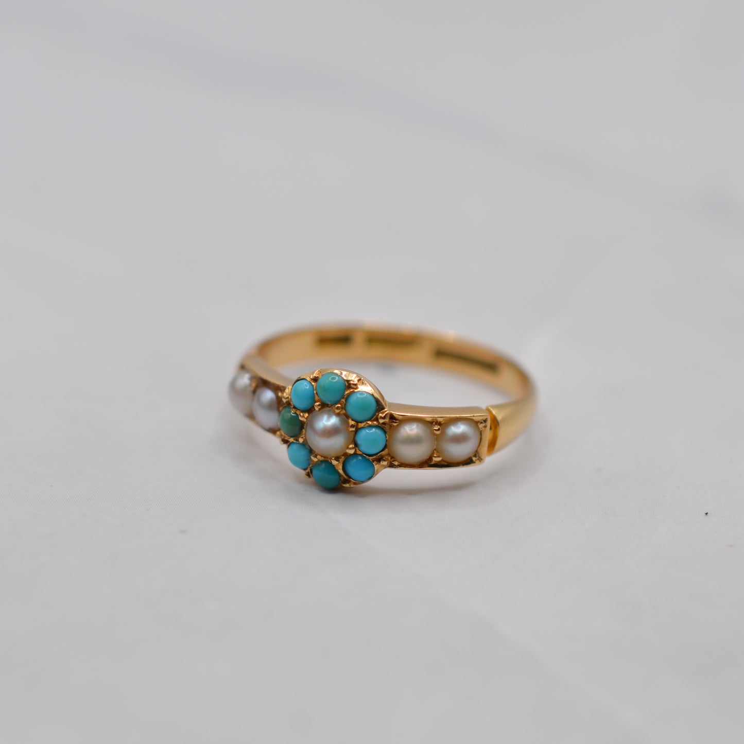 Antique Edwardian 18ct Gold Turquoise & Pearl Cluster Ring