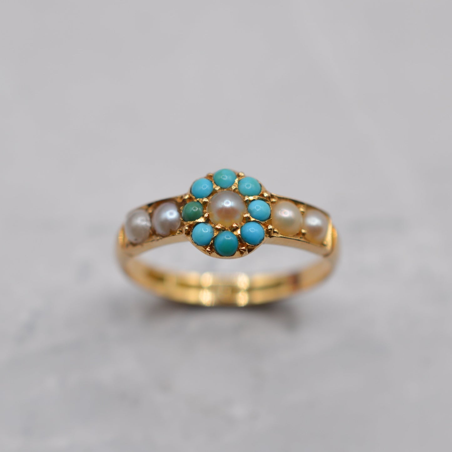 Antique Edwardian 18ct Gold Turquoise & Pearl Cluster Ring