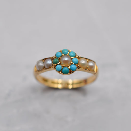 Antique Edwardian 18ct Gold Turquoise & Pearl Cluster Ring