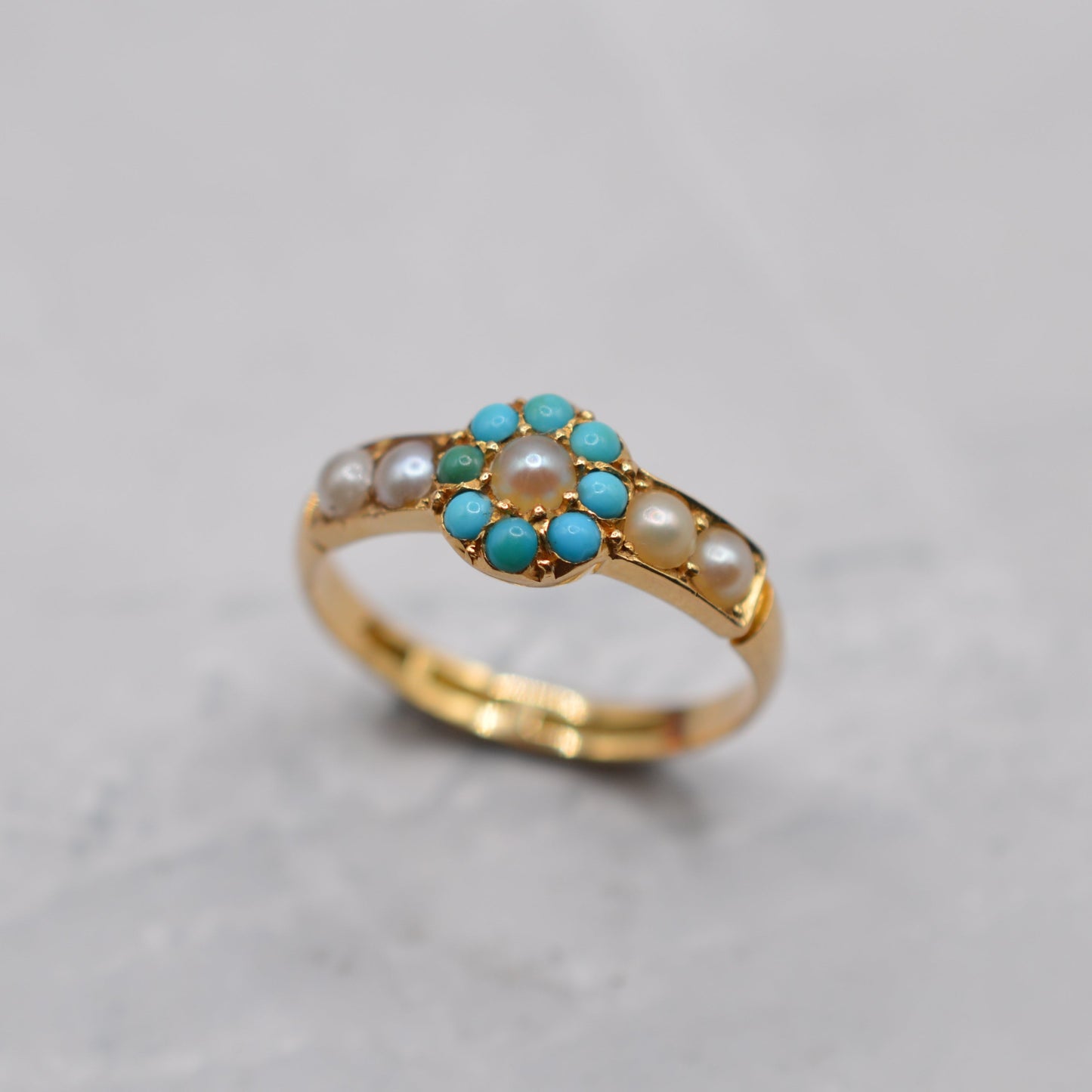 Antique Edwardian 18ct Gold Turquoise & Pearl Cluster Ring