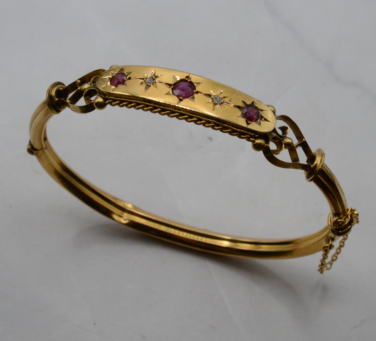 Antique Victorian 9ct Gold Ruby & Diamond Bangle Bracelet