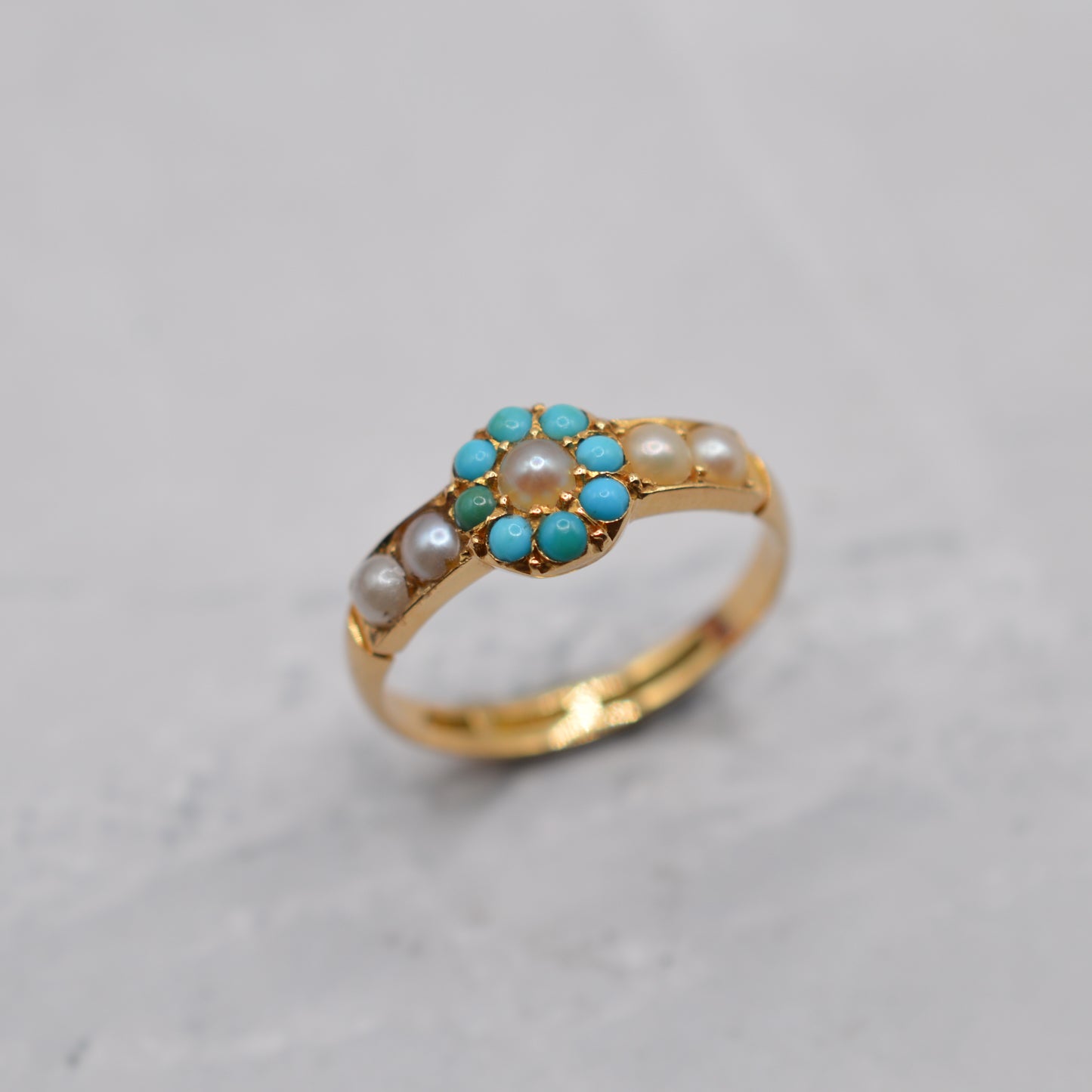 Antique Edwardian 18ct Gold Turquoise & Pearl Cluster Ring