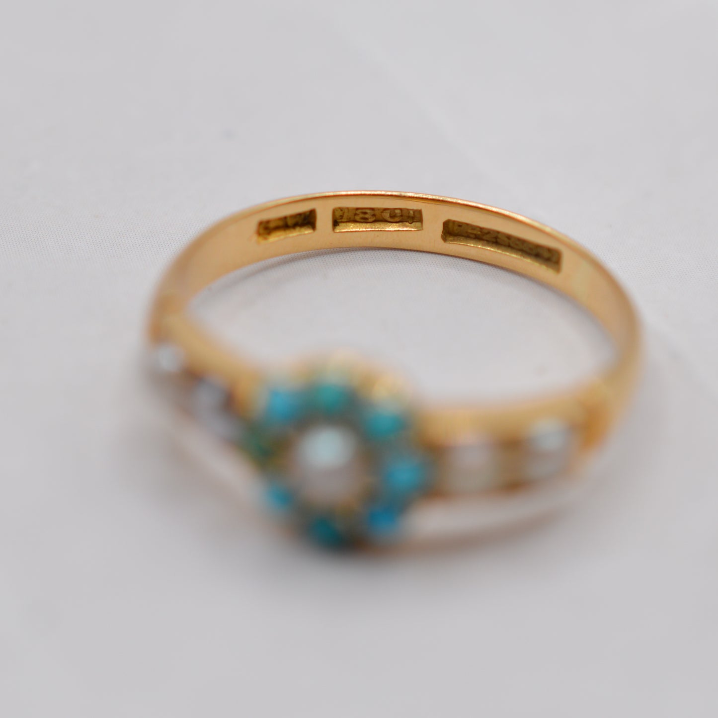 Antique Edwardian 18ct Gold Turquoise & Pearl Cluster Ring