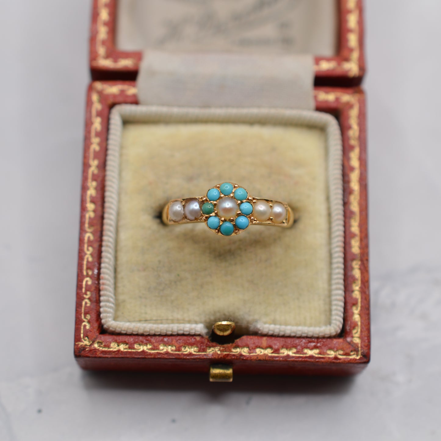 Antique Edwardian 18ct Gold Turquoise & Pearl Cluster Ring