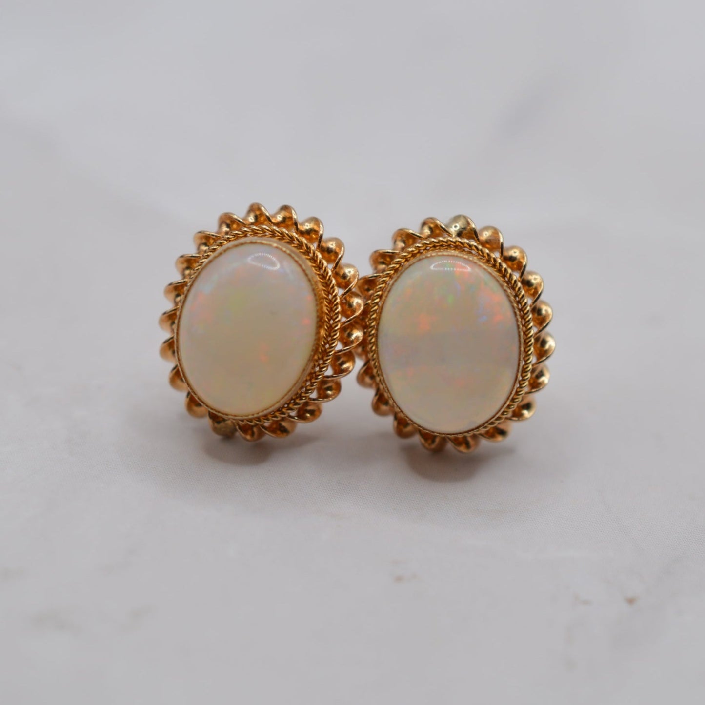 1990s 9ct Gold Opal Stud Earrings with Rope-Twist Border