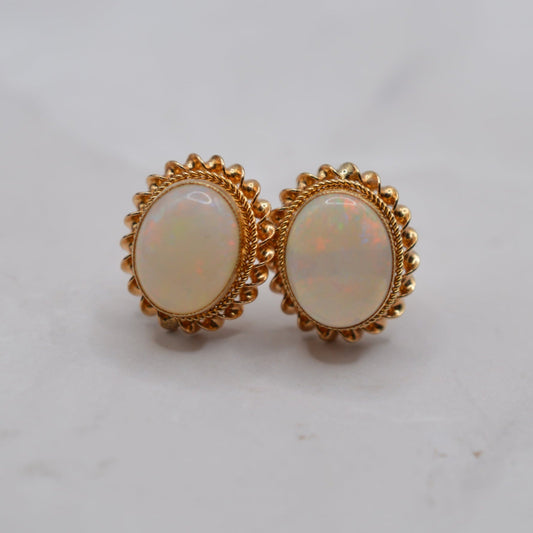 1990s 9ct Gold Opal Stud Earrings with Rope-Twist Border