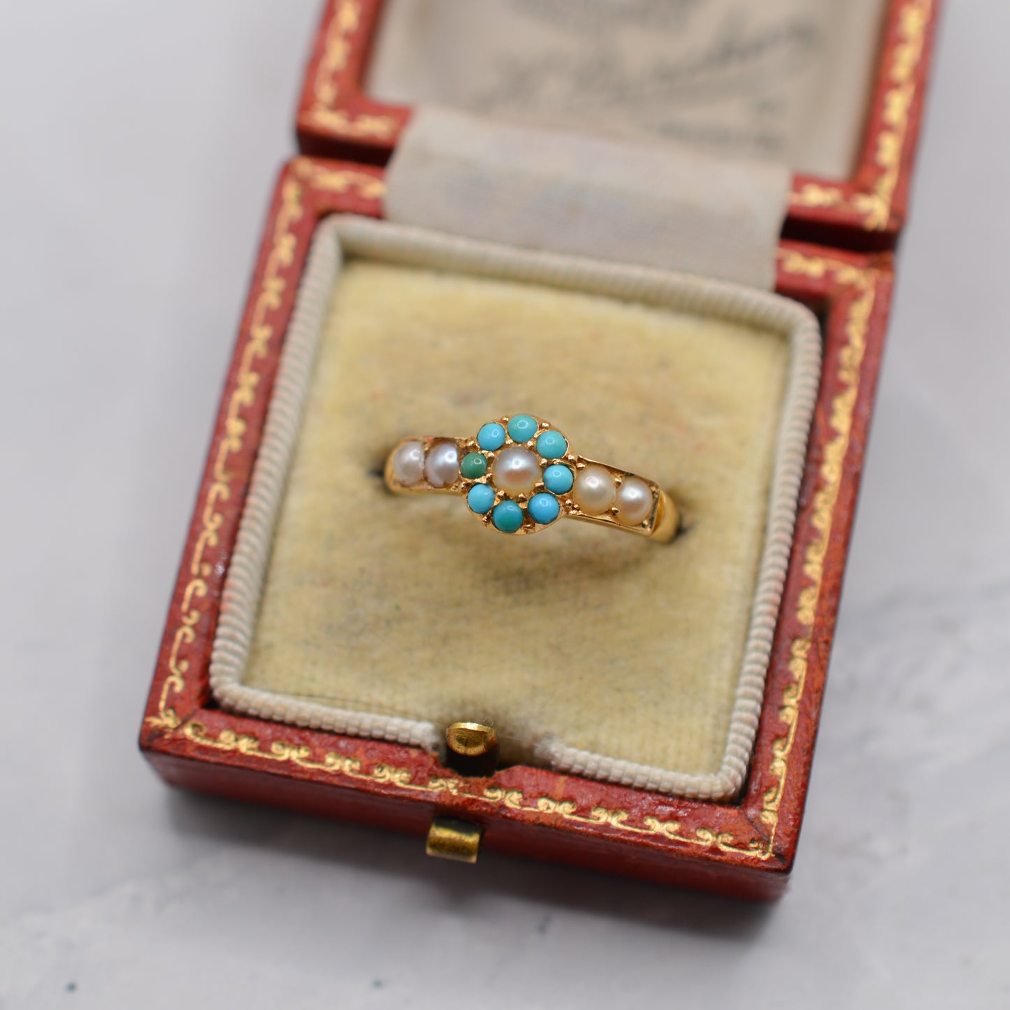 Antique Edwardian 18ct Gold Turquoise & Pearl Cluster Ring