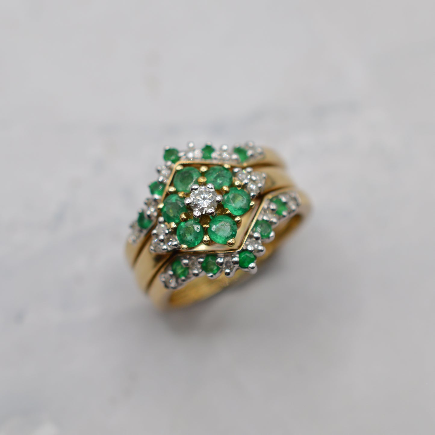 Stacking Set Y2K 9ct Gold Emerald & Diamond Wishbone & Cluster Rings