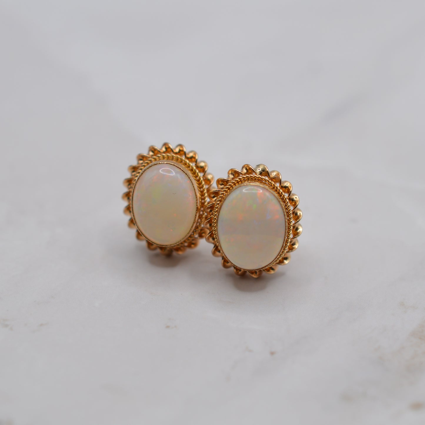 1990s 9ct Gold Opal Stud Earrings with Rope-Twist Border