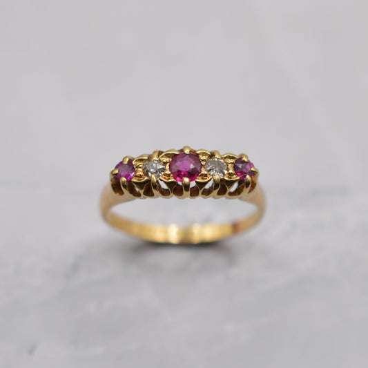 Antique 1915 Edwardian 18ct Gold Ruby & Diamond Five-Stone Ring