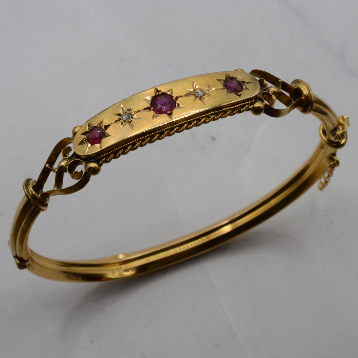 Antique Victorian 9ct Gold Ruby & Diamond Bangle Bracelet