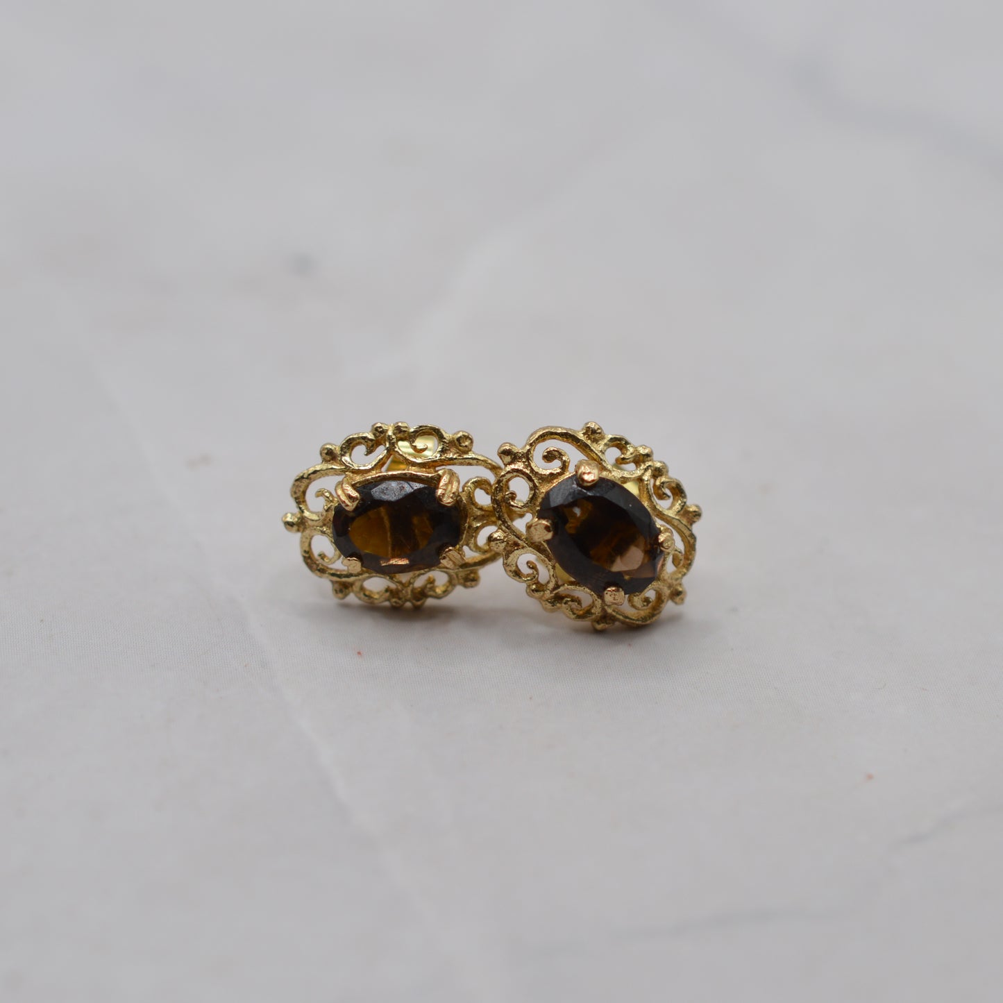 1970s Vintage 9ct Gold Smoky Quartz Openwork Stud Earrings