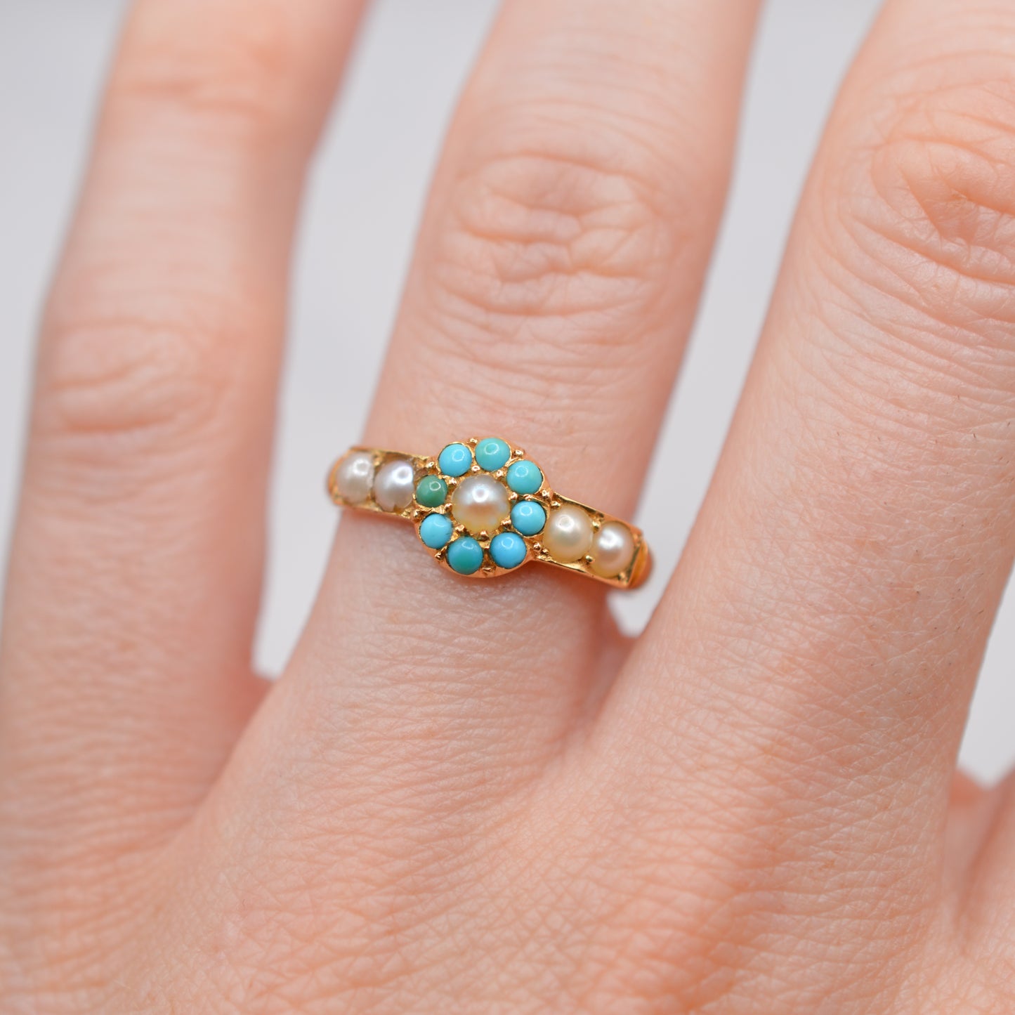 Antique Edwardian 18ct Gold Turquoise & Pearl Cluster Ring