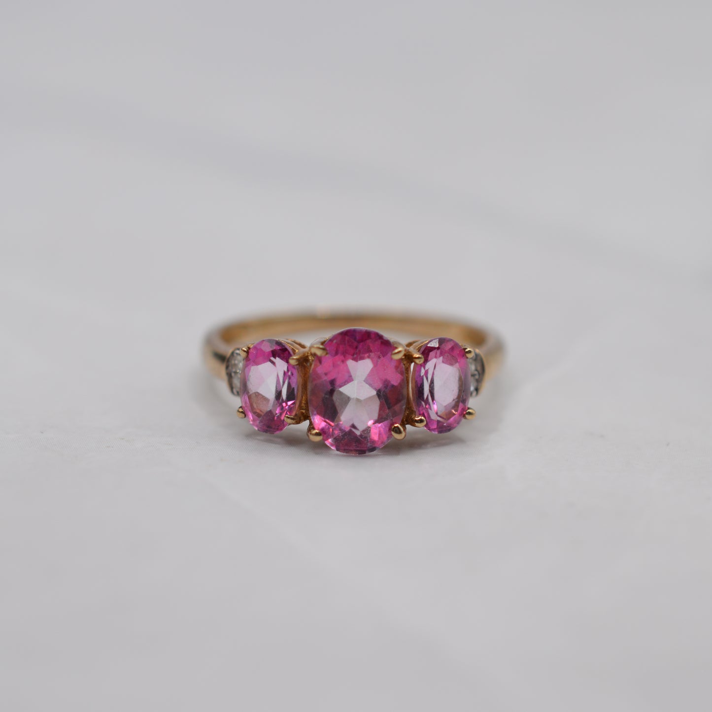 9ct Gold Pink Topaz & Diamond Trilogy Ring