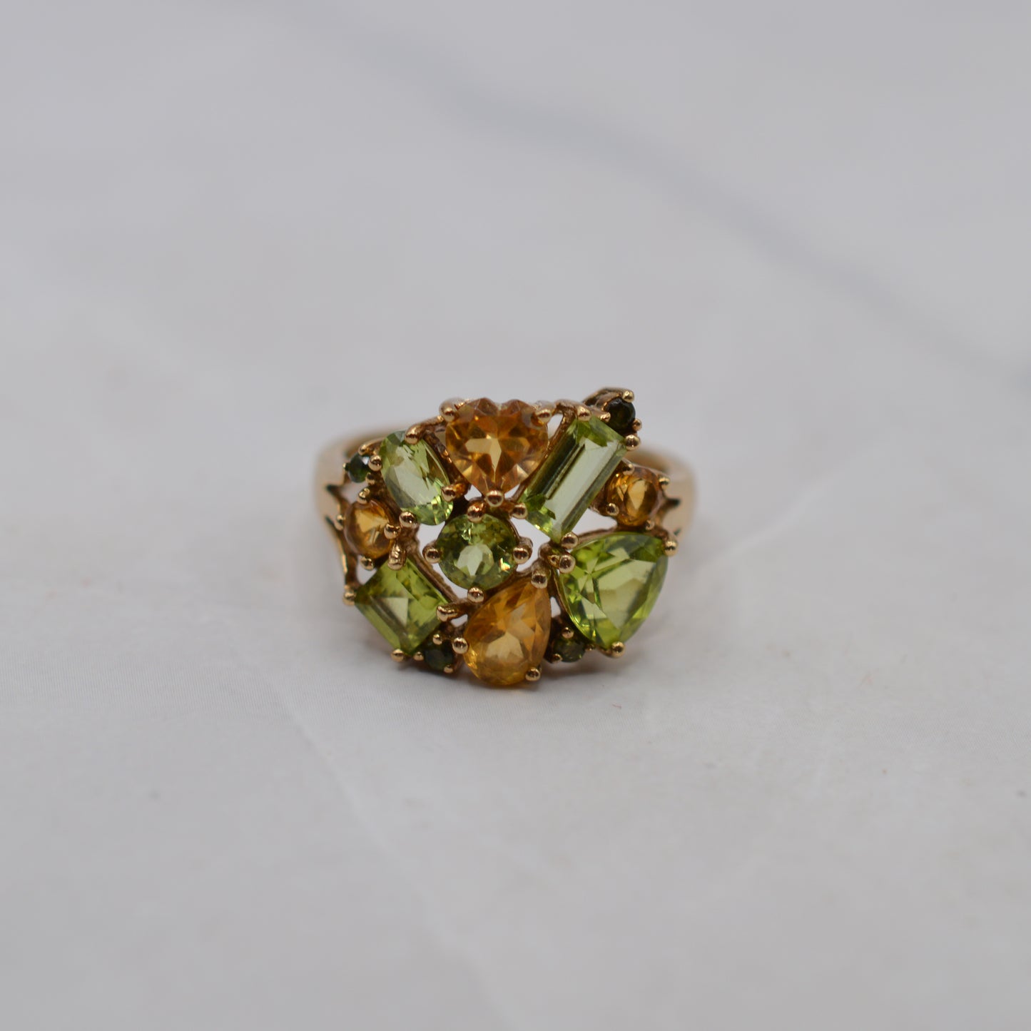 Y2K Chunky 9ct Gold Citrine & Peridot Cluster Ring
