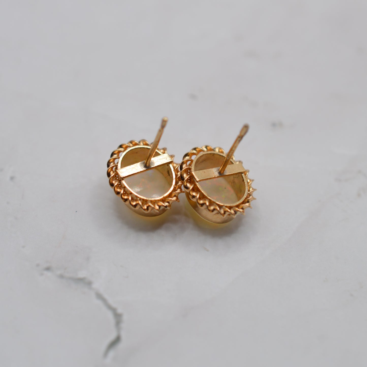 1990s 9ct Gold Opal Stud Earrings with Rope-Twist Border