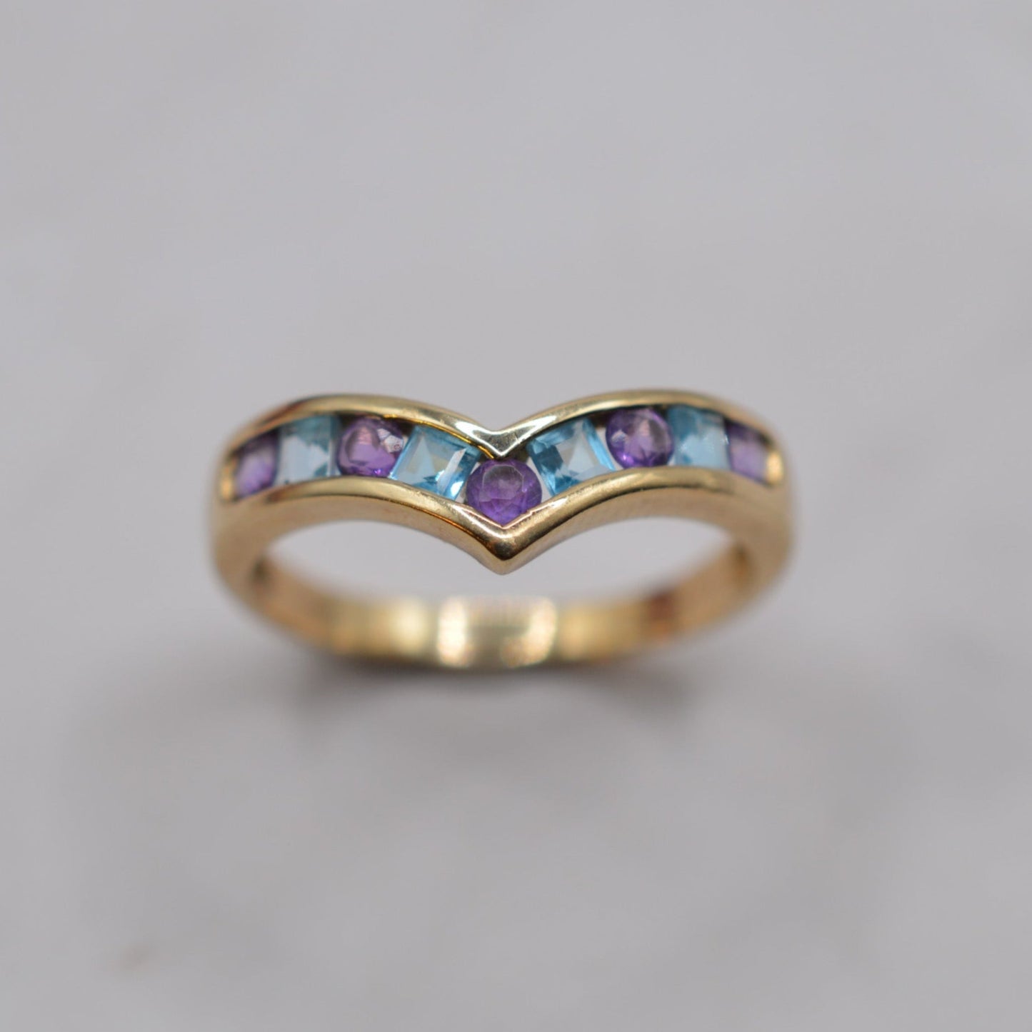 9ct Gold Topaz & Amethyst Wishbone Ring