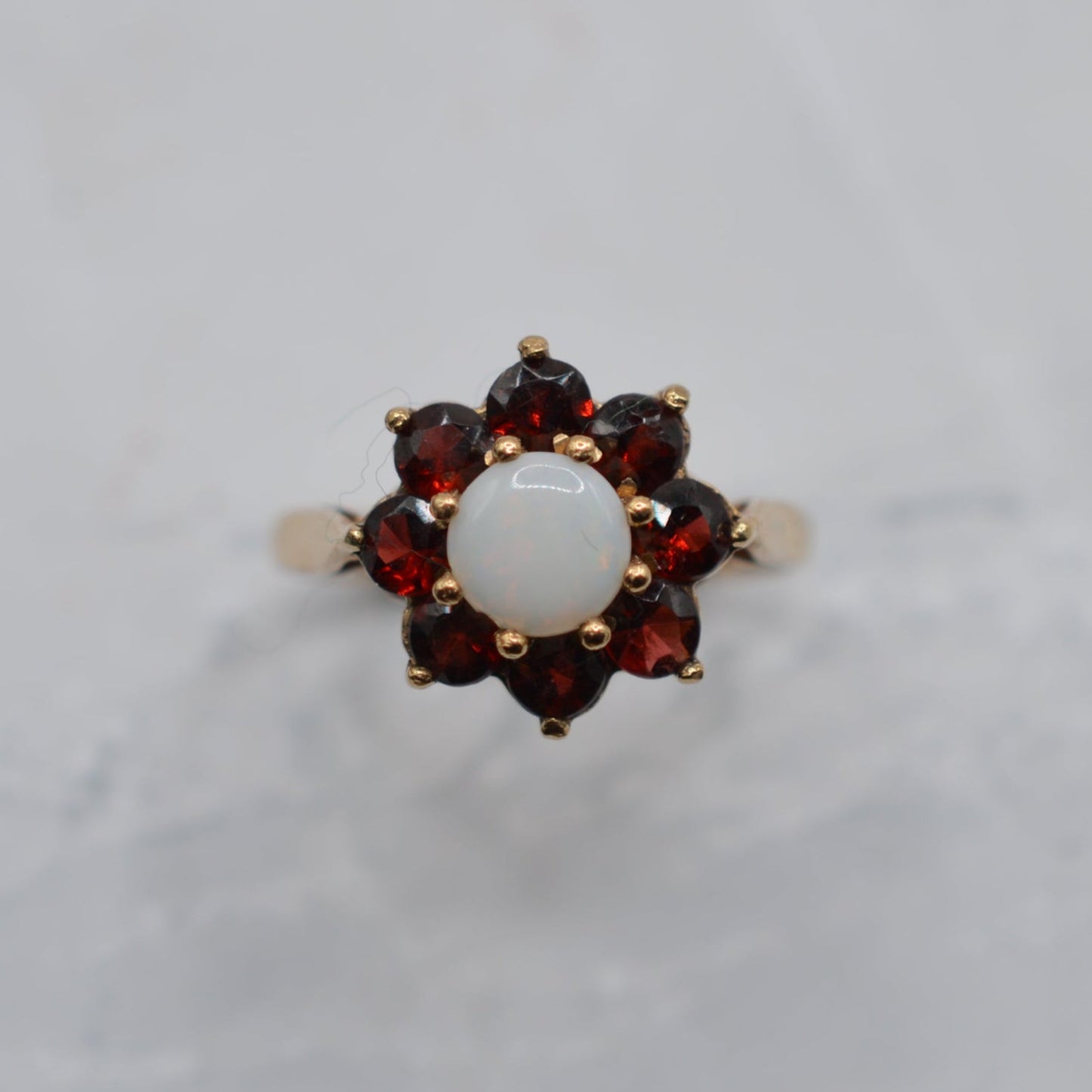 Vintage 9ct Gold Garnet & Opal Floral Cluster Ring