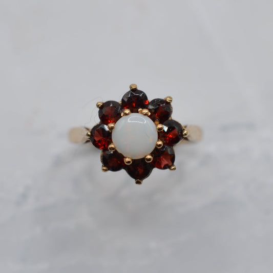Vintage 9ct Gold Garnet & Opal Floral Cluster Ring