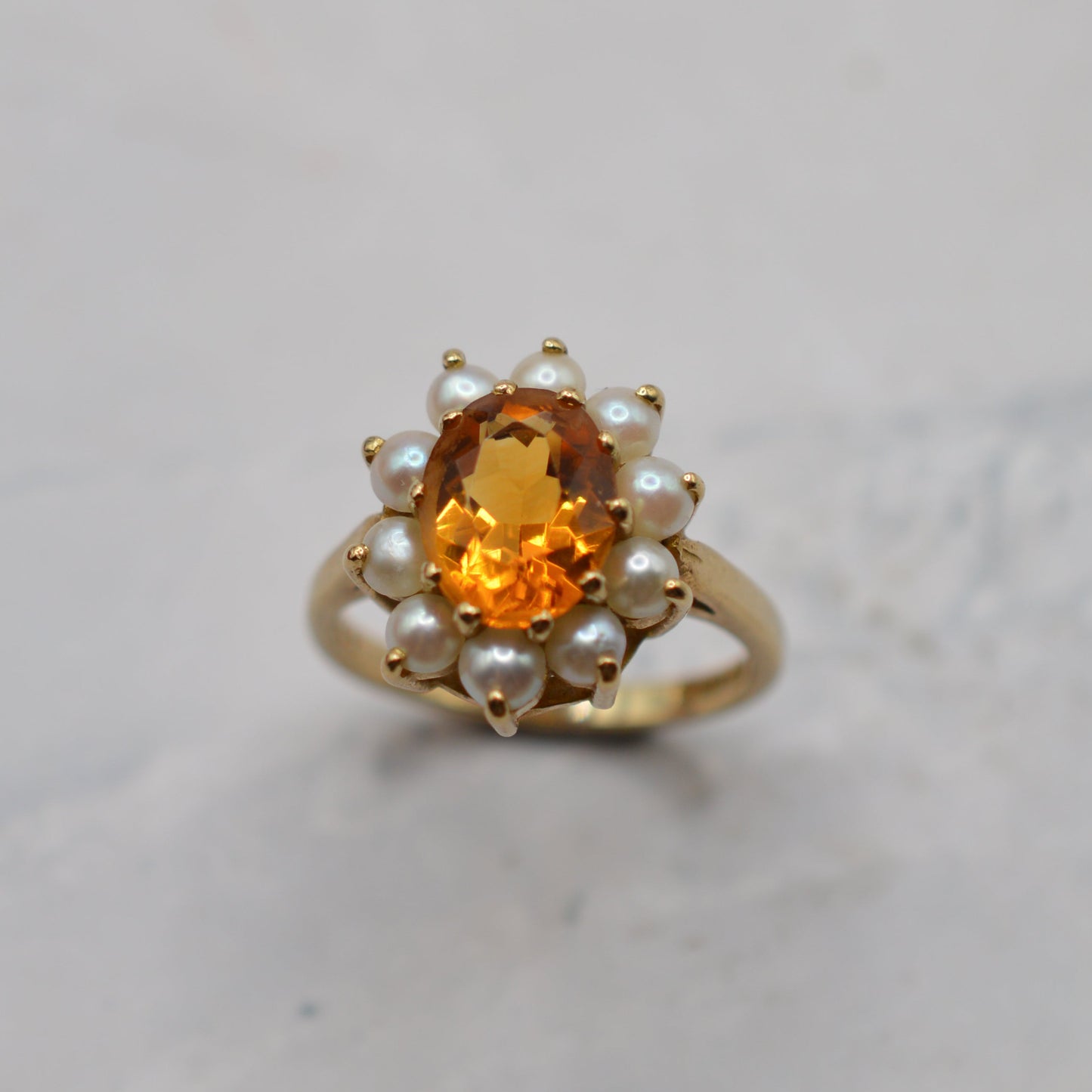 1960s Vintage 9ct Gold Citrine & Pearl Cluster Ring