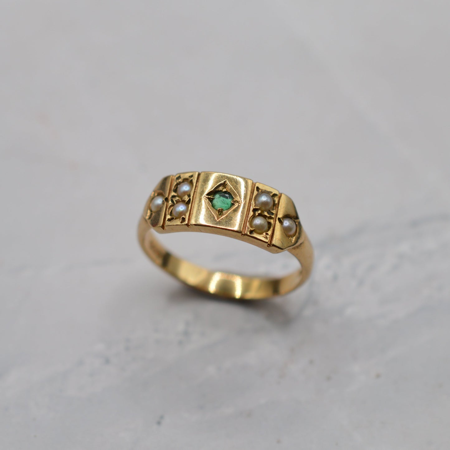 1970s Vintage 9ct Gold Emerald & Pearl Panel Ring