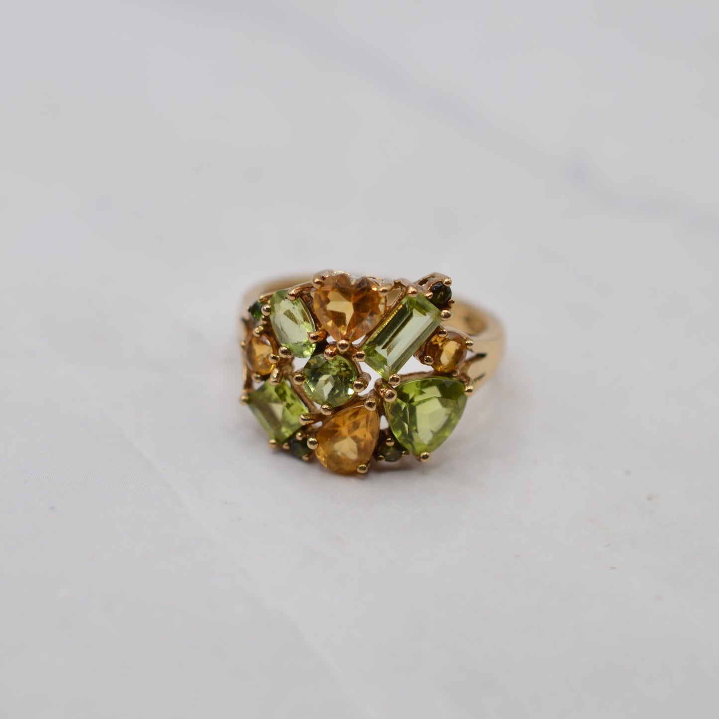 Y2K Chunky 9ct Gold Citrine & Peridot Cluster Ring