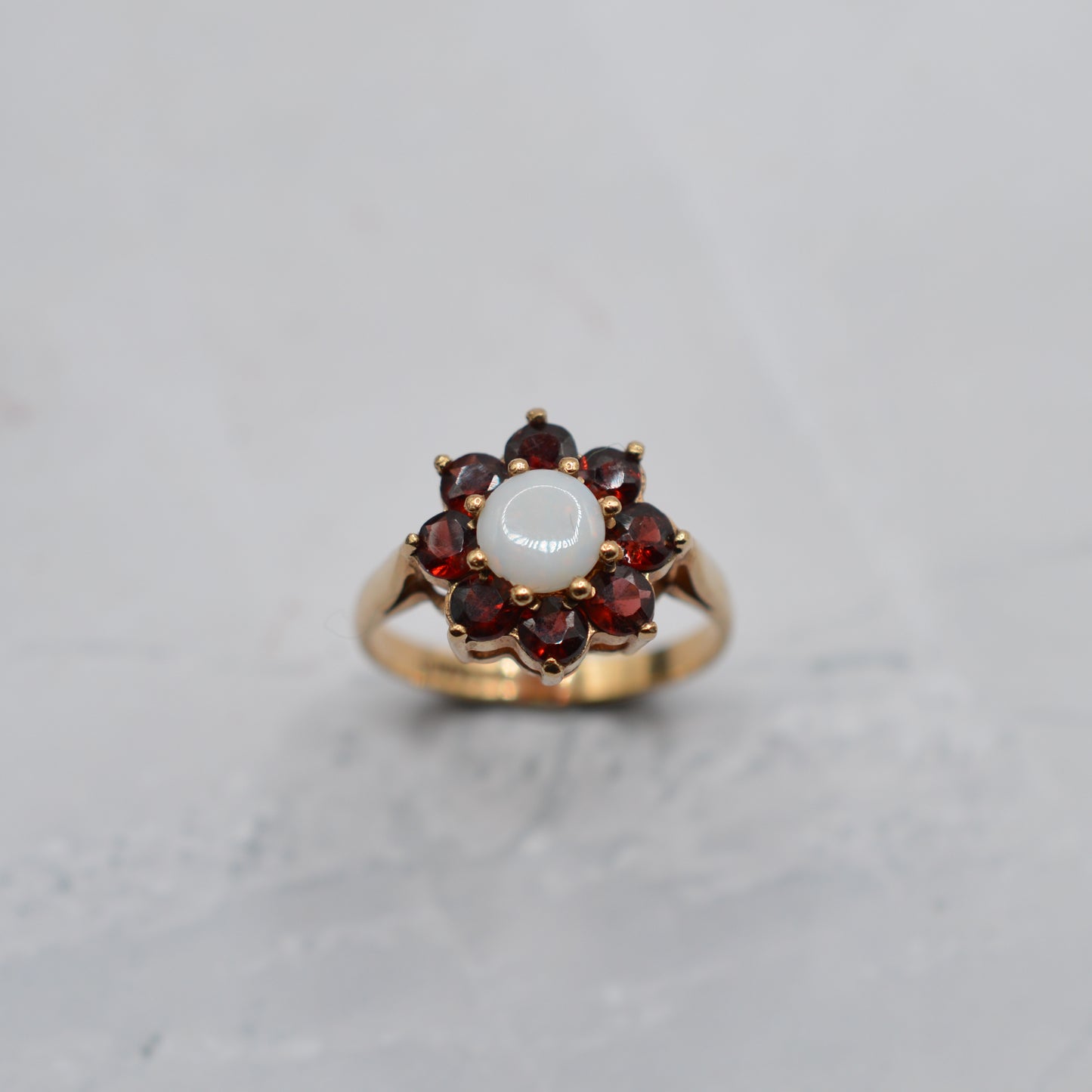 Vintage 9ct Gold Garnet & Opal Floral Cluster Ring