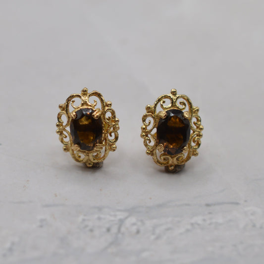 1970s Vintage 9ct Gold Smoky Quartz Openwork Stud Earrings