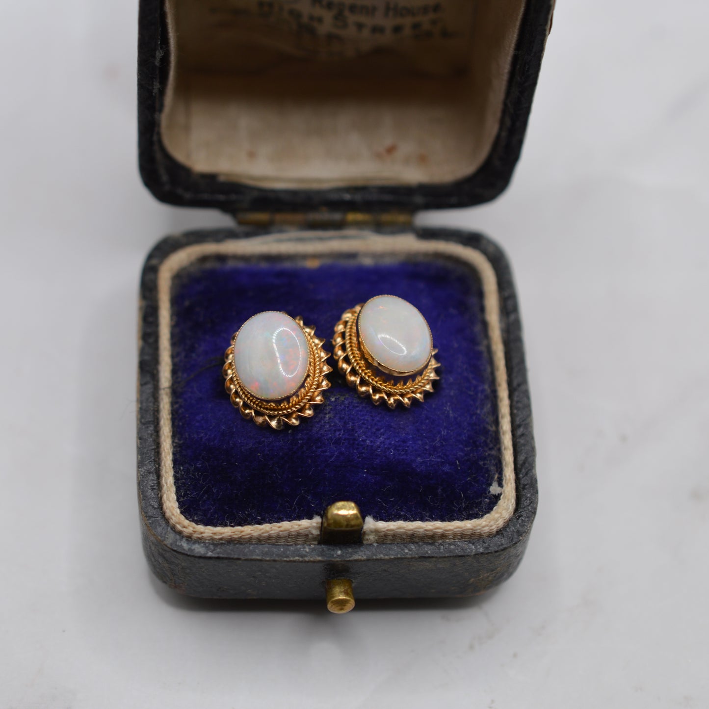 1990s 9ct Gold Opal Stud Earrings with Rope-Twist Border