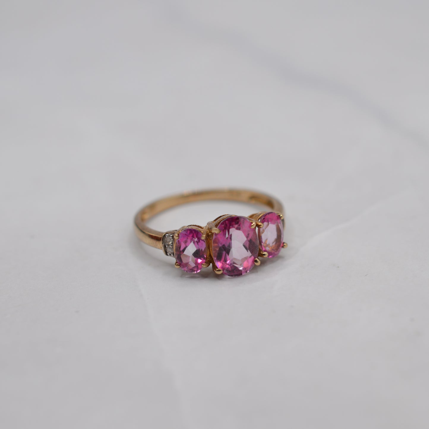 9ct Gold Pink Topaz & Diamond Trilogy Ring