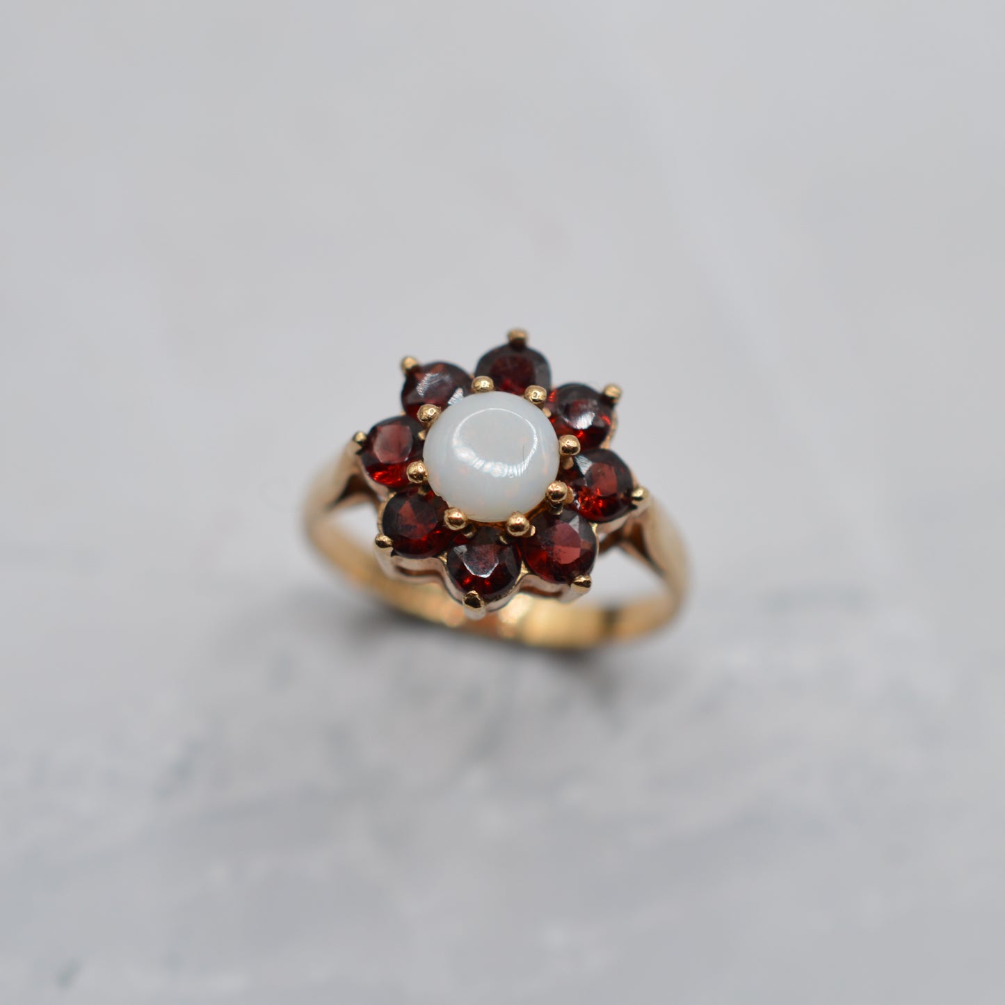 Vintage 9ct Gold Garnet & Opal Floral Cluster Ring