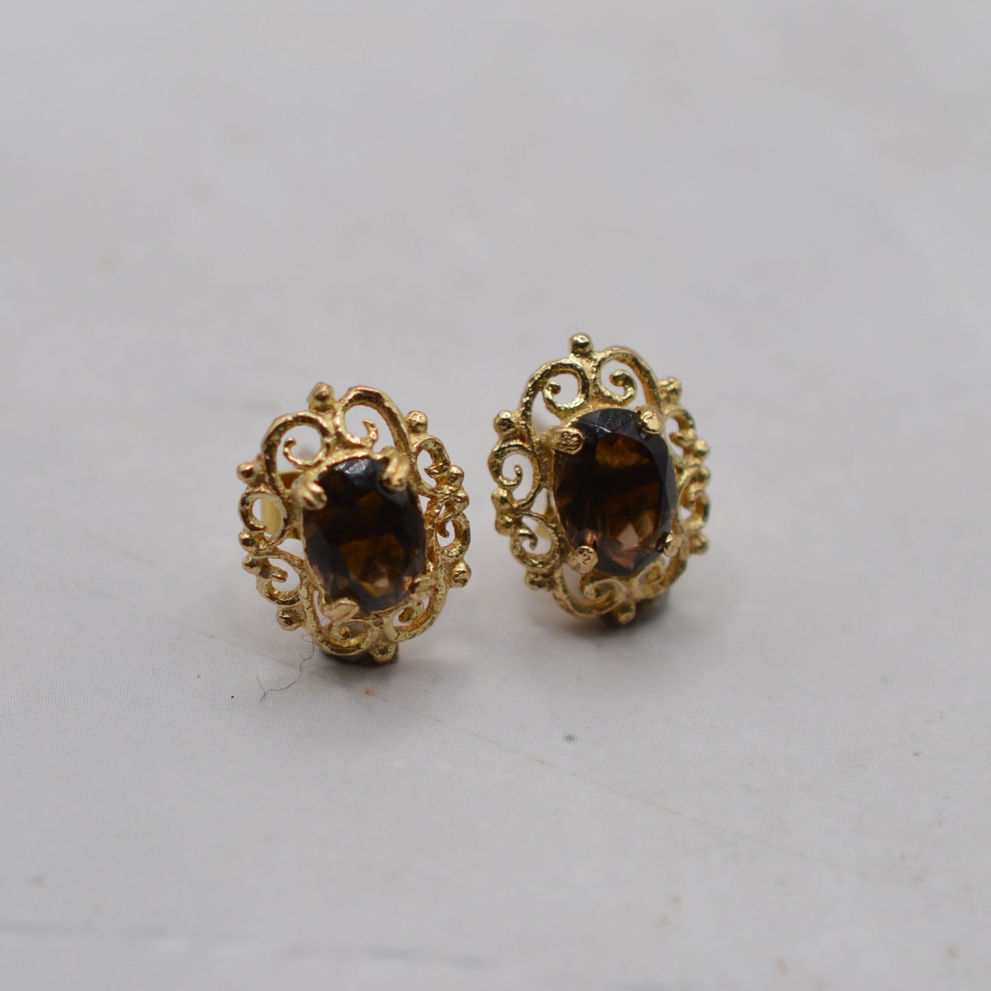 1970s Vintage 9ct Gold Smoky Quartz Openwork Stud Earrings
